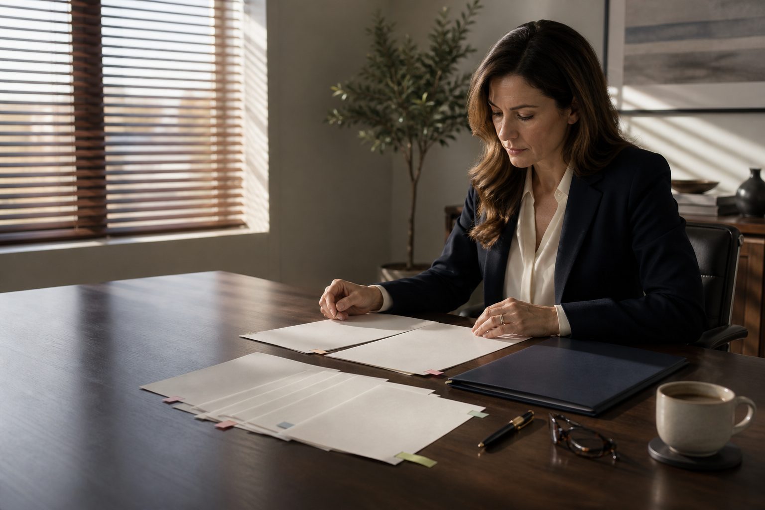 A lawyer reviews the documents of a case file at her desk